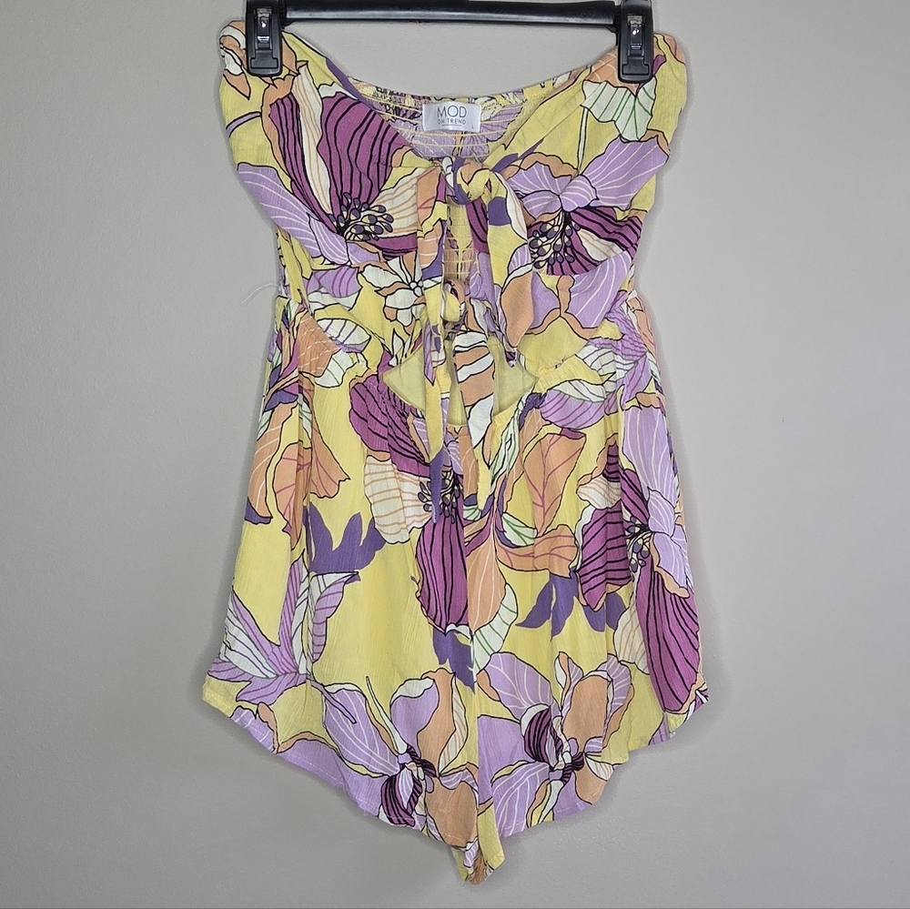 Mod On Trend Colorful Floral Strapless Romper Size Large Festival Summer Boho